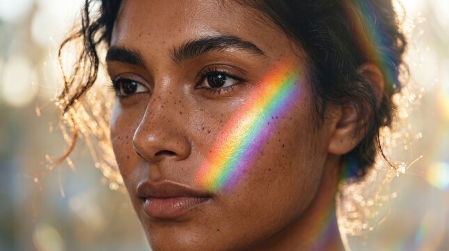 Sunlight and rainbow prism flare reflecting on young woman's freckled face