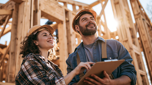 Young builders inspecting wooden house framing on construction site, planning project with clipboard and hardhats