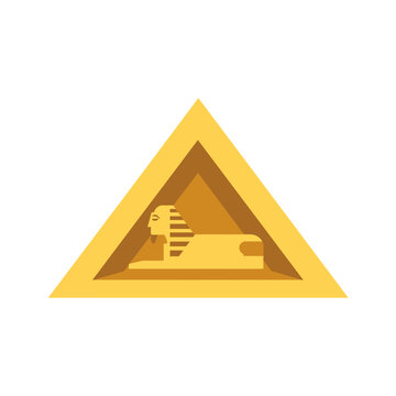 Egyptian sphinx icon inside a yellow triangle frame representing ancient egypt travel and historical landmarks in a flat vector design style isolated on transparent background, Vector