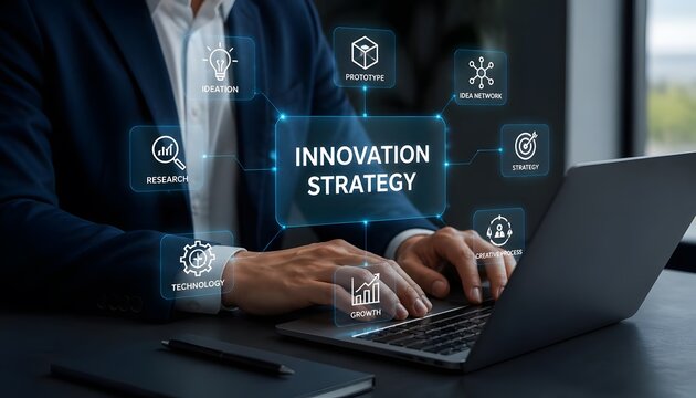 A business professional using a laptop with a digital innovation strategy interface