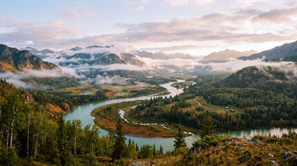 Panoramic Aerial View of Winding Turquoise River Through Lush Mountain Valley with Morning Mist and Sunset Clouds © Jimy