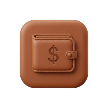 3d icon of a brown leather wallet with a dollar sign symbol on a brown rounded square background, finance concept, animated 4k stick video isolated on transparent background
