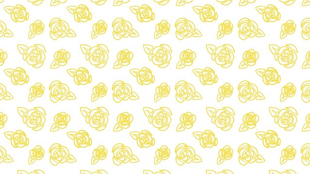Bright yellow rose outlines arranged in a repetitive seamless pattern against clean white background for elegant spring fabric surface design