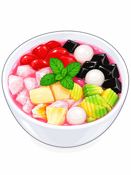 Indonesian fruity ice dessert es buah bowl with fresh fruits and jelly illustration