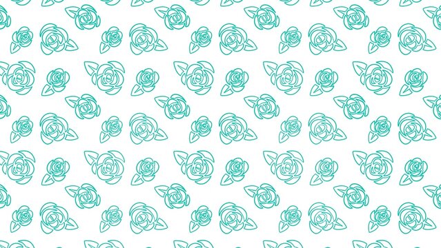 Minimalist teal rose outlines arranged in a repetitive seamless pattern against a crisp white background for elegant decorative textile design