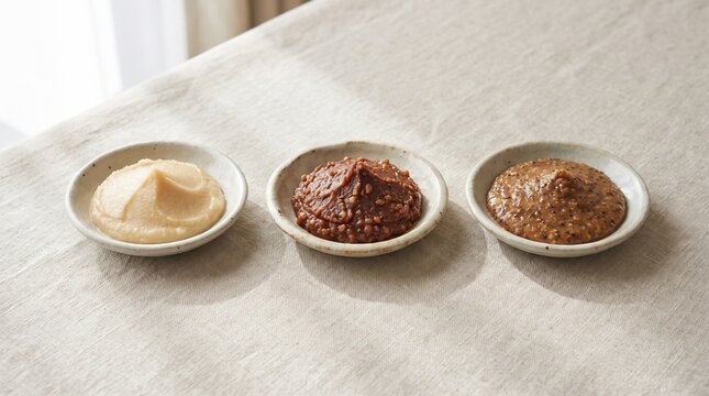 Three small dishes of white, red and barley miso paste arranged on a linen cloth in soft daylight, seasoning comparison concept