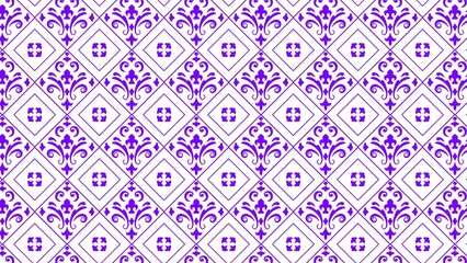 Vibrant purple damask pattern featuring intricate floral motifs arranged within symmetrical diamond shapes set against a crisp clean white background © Harsh