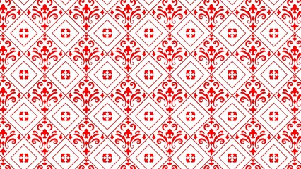 Vibrant red and white seamless geometric pattern featuring elegant damask floral motifs arranged in a repetitive diamond grid structural layout © Harsh