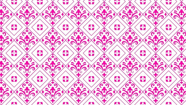 Vibrant pink floral damask pattern featuring intricate repeating diamond shapes on clean white background for elegant textile design and decor