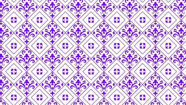 Vibrant purple damask pattern featuring intricate floral motifs arranged within symmetrical diamond shapes set against a crisp clean white background