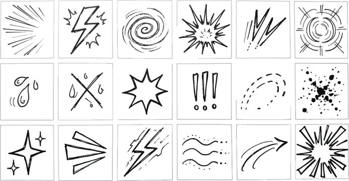 Set of hand drawn comic book action sound effect elements
