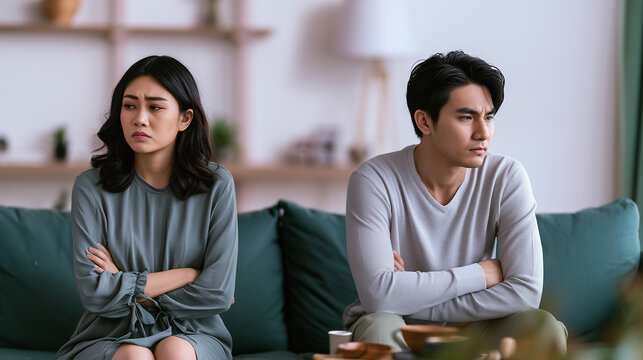 Young Asian husband and wife sitting apart after an argument, woman showing anger while the man reacts with frustration and avoids eye contact in their home interior, marriage prob