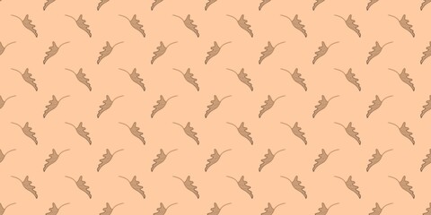 Seamless pattern of stylized brown and tan organic leaves gently floating on a warm peach background. Ideal for modern textile design, wallpaper, and background prints © Dunzz