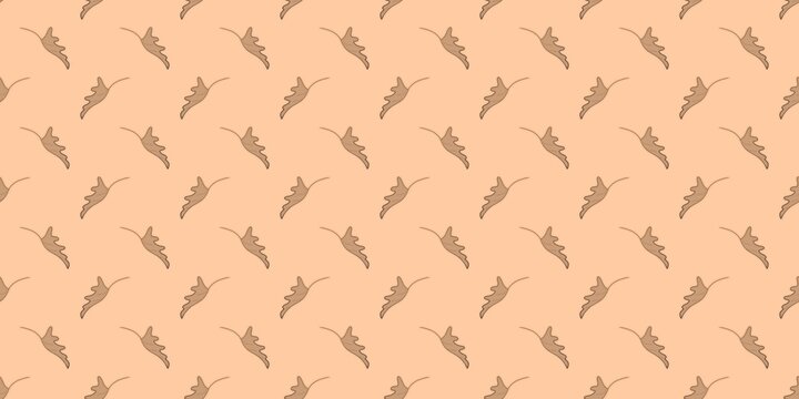 Seamless pattern of stylized brown and tan organic leaves gently floating on a warm peach background. Ideal for modern textile design, wallpaper, and background prints
