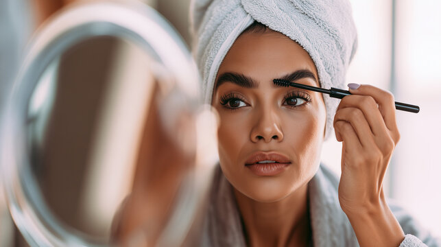 Woman in a bathrobe shaping and brushing her eyebrows in front of a round vanity mirror, hair wrapped in a towel during a relaxed home beauty routine, eyebrow grooming, brow care,