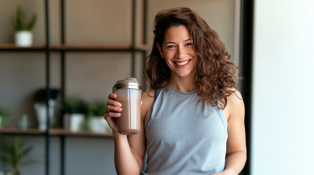 Athletic woman holding a shaker filled with chocolate protein drink, smiling during preparation of a nutritional beverage as part of her workout routine, sports supplement, protein