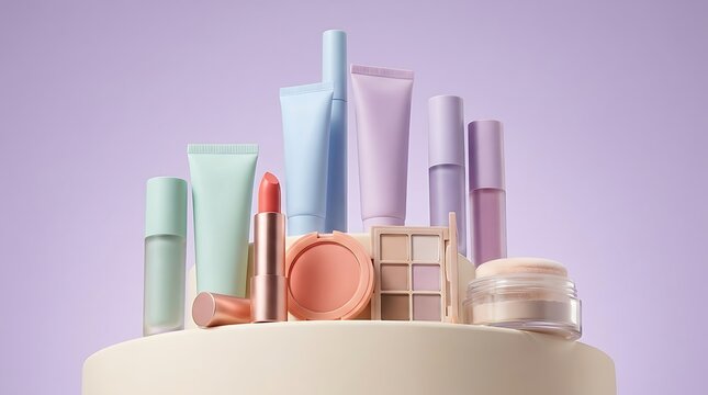 Set of various makeup products including lipstick foundation and eye shadow in pastel colors on a round stand. makeup combo offers