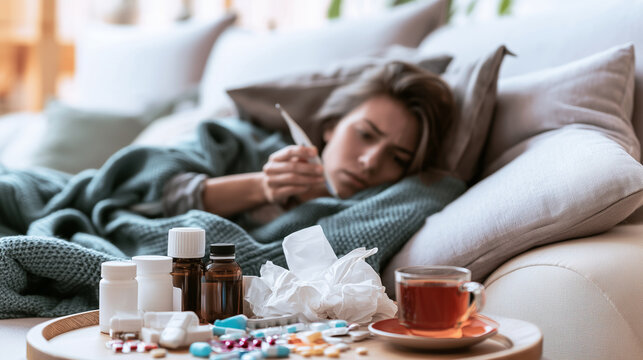Sick woman lying on a sofa under a blanket while checking her temperature with a thermometer, medicine bottles, tablets, tissues and a warm drink arranged in the foreground, fever,