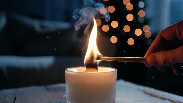 Hand lighting wooden wick candle with match for cozy winter evening ambiance.