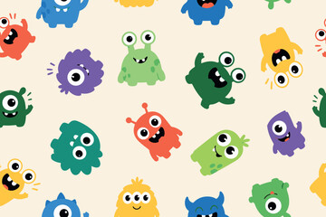 Obraz premium Seamless pattern with colorful cartoon monsters