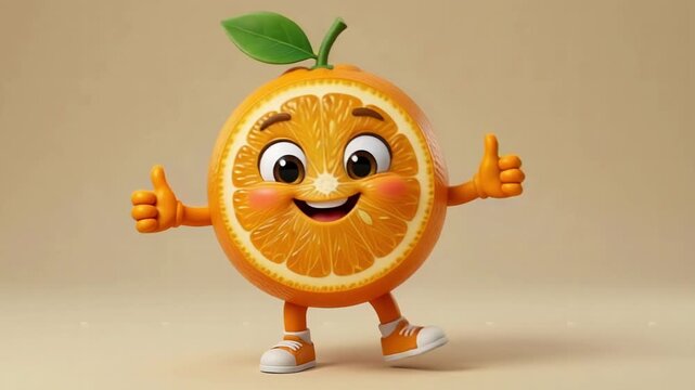 Cute 3D clementine mascot joyfully dancing thumbs-up, showing bright orange segments, rosy cheeks, green leaf on warm beige, ideal for kids' health.