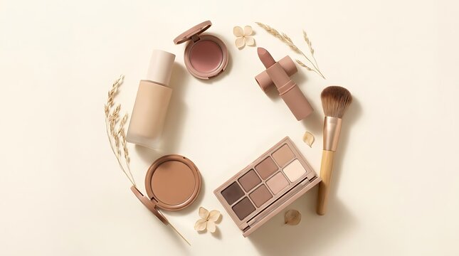 Natural makeup products set with lipstick eyeshadow palette powder brush and foundation on a beige surface. makeup combo offers