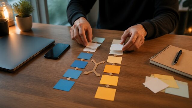 Hands sorting blank cards into remote work solution paths