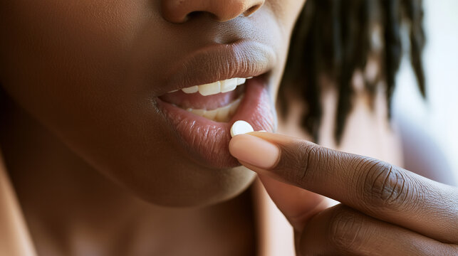 Close-up of a person placing a pill into their mouth with fingertips while preparing to swallow daily medication, oral medicine, taking pills, medication intake, pharmaceutical tre