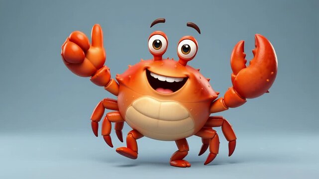 Dancing 3D crab character, cheerful thumbs-up, glossy orange-red shell, wide smile, expressive googly eyes, clean blue-grey background
