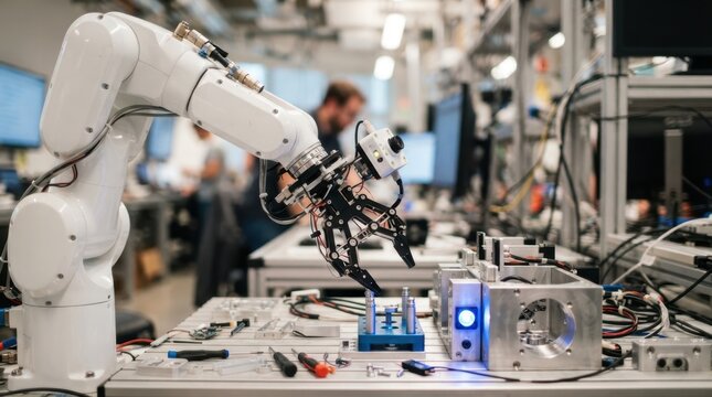 Collaborative robot arm with sensor pod and prototype gripper alongside aluminum housings in a bright robotics innovation lab