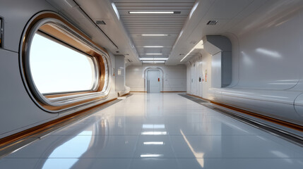 Obraz premium Futuristic corridor, white interior, metallic accents, clean lines, bright lighting, modern architecture, sci fi style