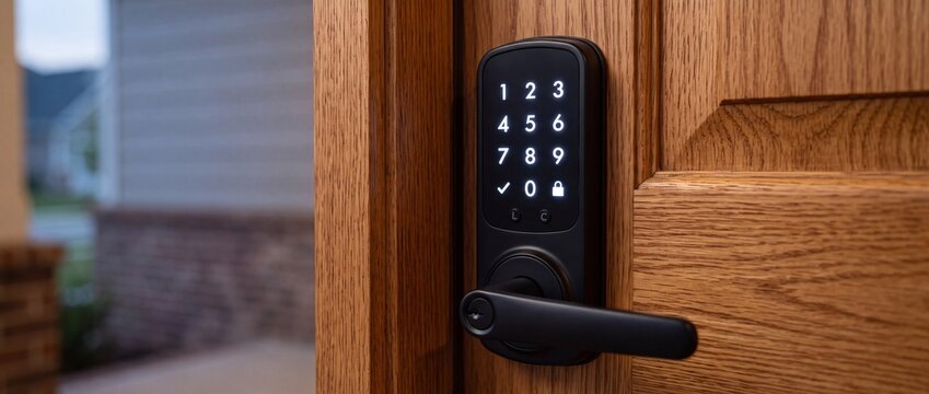 Modern electronic smart lock with black keypad and handle installed on light brown wooden door secures residential entrance safely