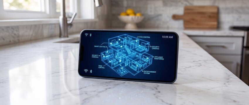 Mobile phone displaying smart home application blueprint interface rests on marble kitchen countertop near sink with modern water faucet