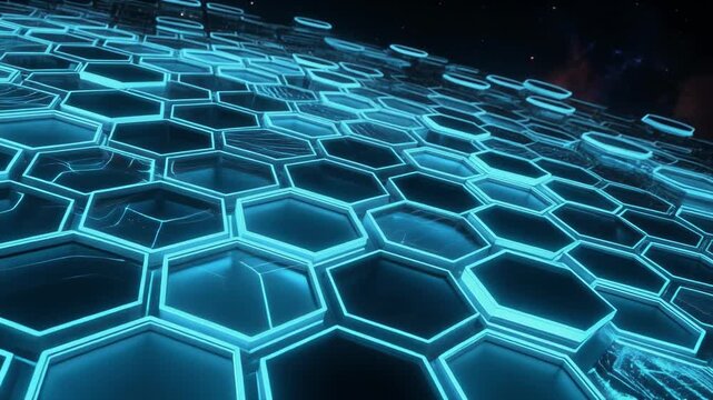 Futuristic digital landscape with glowing hexagonal grids and immersive neon light effects