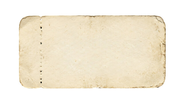 A single vintage blank ticket with aged paper texture isolated on a solid black background for design