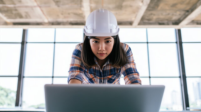 Young Asian female engineer wearing a white hard hat and leaning toward a laptop while working inside a modern construction site, focused on information displayed on the computer,