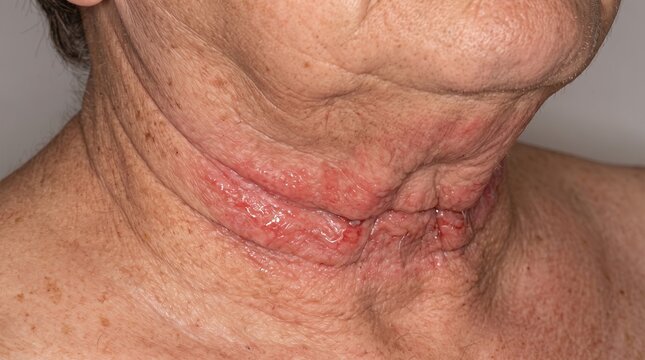 Close up view of severe intertrigo skin rash under neck folds on elderly person