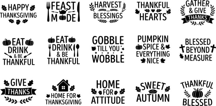 Collection of fifteen hand lettered thanksgiving quotes for seasonal holiday design projects for thanksgiving day illustration
