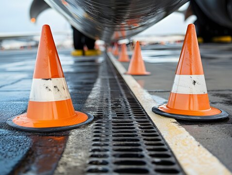 Orange traffic cones lining tarmac under aircraft fuselage, low angle
