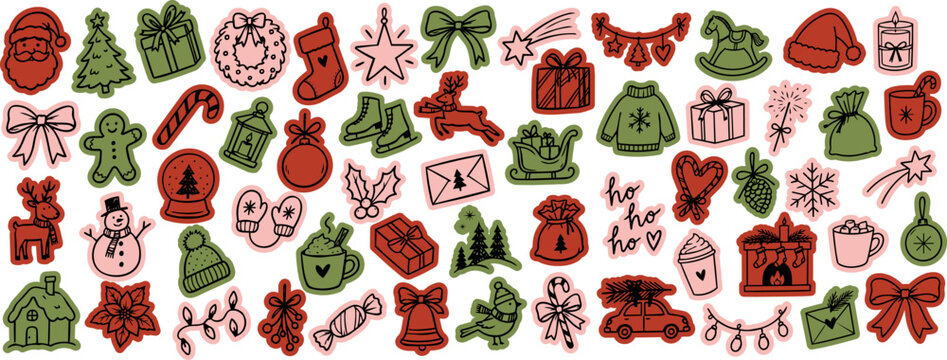 Colorful hand drawn Christmas sticker collection with Santa, gifts, reindeer, ornaments, winter decorations and festive holiday symbols