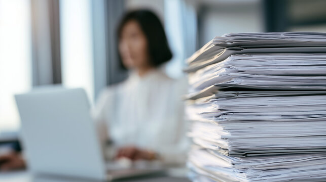 Stack of paper documents and folders in sharp focus on an office desk while a businesswoman works on a laptop in the blurred background, paperwork overload, office documents, admin