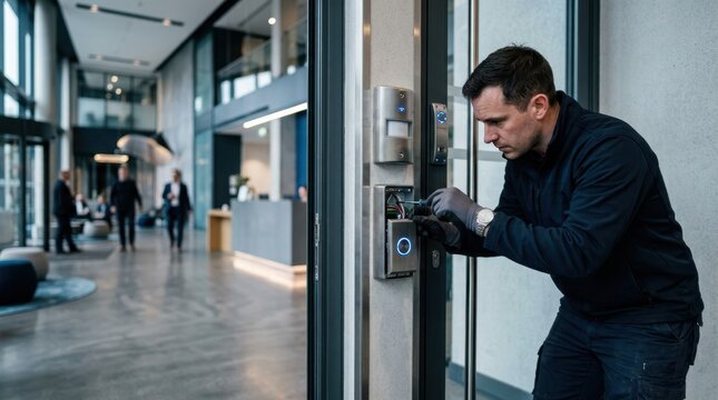 Building technician adjusting a wall-mounted access control reader and motion sensor in a modern lobby