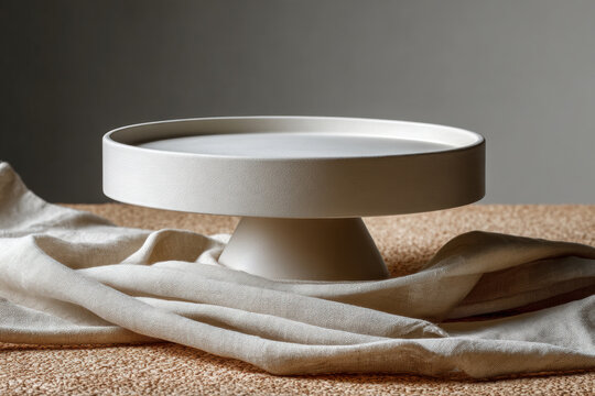 Minimalist white ceramic cake stand on textured surface with soft fabric draped, modern and elegant style