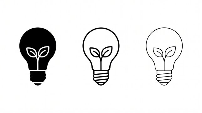 Minimalist eco-friendly lightbulb icon collection featuring three identical bulbs with leaves inside, arranged horizontally in graduated bold-to-thin outlines, clean black-and-white vector style, whit