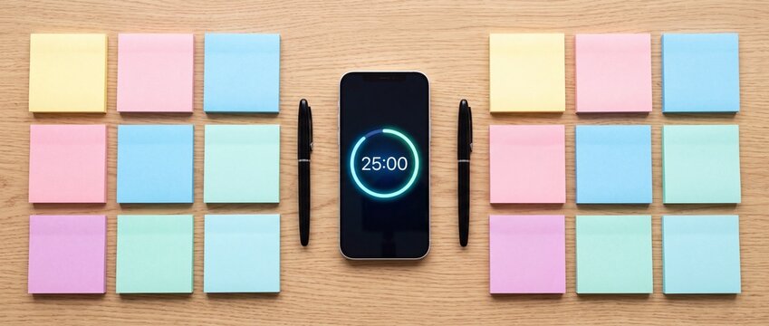 Symmetric pomodoro technique layout featuring smartphone timer surrounded by colorful sticky notes and black pens on bright wood desk surface