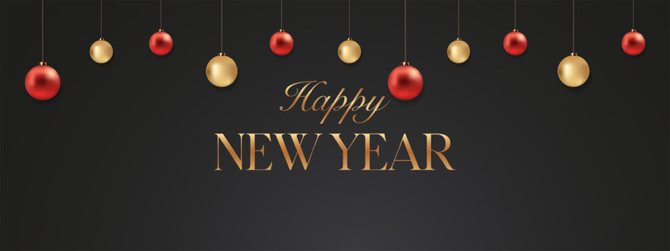 Elegant Happy New Year greeting card with red and gold hanging Christmas ornaments on a dark background, ideal for festive banners and invitations