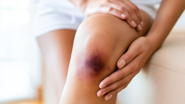 Close-up of a woman touching a painful bruised knee after an injury, both hands surrounding the joint while checking visible skin discoloration, bruising, hematoma, knee trauma, sp