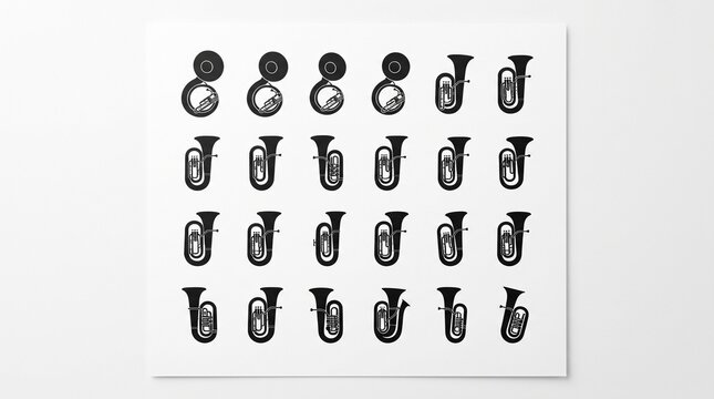Minimalist black-and-white brass instrument icon collection featuring trumpets and stylized horns arranged in a precise four-row grid, clean silhouettes, white background, vintage music aesthetic.