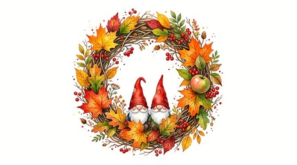 Obraz premium Autumn wreath with two cute gnomes isolated on white background