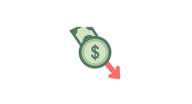 Monetary currency assets with a red arrow pointing downwards, illustrating financial loss and economic downturn, ideal for investment reports, budget planning, and market analysis.